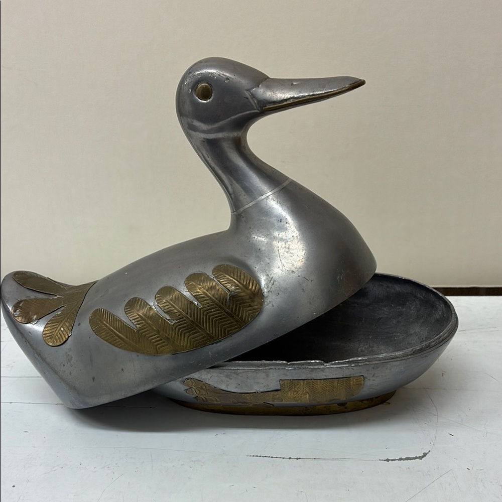 MCM Duck Decoy Keepsake Box  Chinese  pewter & brass duck trinket box lidded